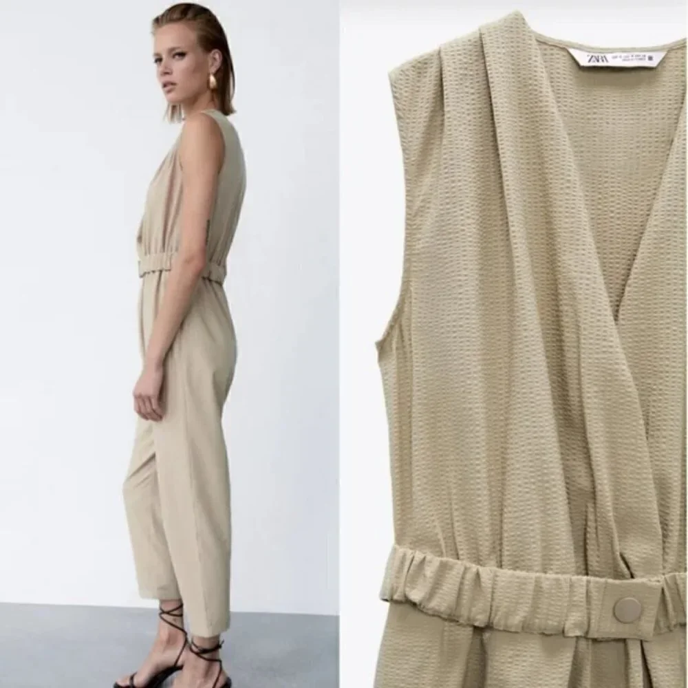 New Zara Textured Linen Blend V-Neck Sleeveless Belted Tan Jumpsuit NWT Small